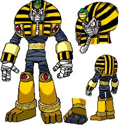  1boy android ariga_hitoshi arms_at_sides egyptian lowres male_focus mecha mega_man_(classic) mega_man_(series) mega_man_4 multiple_views mummy nemes pharaoh_man robot simple_background standing uraeus white_background 