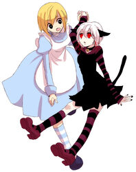  2girls akieru_nomaki alice_(alice_in_wonderland) alice_in_wonderland animal_ears apron asymmetrical_clothes bad_id bad_pixiv_id bell blonde_hair cat_ears cheshire_cat_(alice_in_wonderland) dress hair_ribbon highres kneehighs mary_janes multiple_girls photoshop_(medium) red_eyes ribbon shoes short_hair single_kneehigh single_sock single_thighhigh slit_pupils socks striped_clothes striped_thighhighs tail thighhighs 