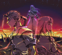  2boys ahoge armor asato bad_id bad_pixiv_id cloak earrings elhaym_van_houten evening fei_fong_wong female from_side jewelry krelian_(xenogears) long_hair long_sleeves multiple_boys ponytail profile single_hair_intake sunlight sunset transparent upper_body xenogears 