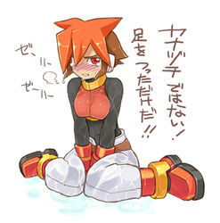  atlas_(mega_man) blush boots breasts brown_hair crop_top dyed_bangs female gloves lowres medium_breasts mega_man_(series) mega_man_zx mega_man_zx_advent multicolored_hair orange_hair red_eyes robot_ears shigehiro_(hiroi_heya) solo tears translation_request two-tone_hair wet 