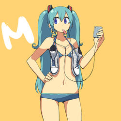  bikini blue_hair chan_co commentary_request converse cowboy_shot digital_media_player earbuds earphones female flat_chest hand_on_own_hip hatsune_miku long_hair lowleg lowleg_bikini mouth_hold navel orange_background photoshop_(medium) shoes shoes_around_neck sneakers solo swimsuit twintails vocaloid 