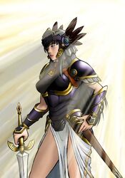  armor armored_dress black_armor black_eyes black_hair commentary_request dress feathers female hand_on_own_hip helmet hrist_valkyrie long_hair pelvic_curtain scabbard sheath solo sword taka4muu valkyrie_profile_(series) weapon 