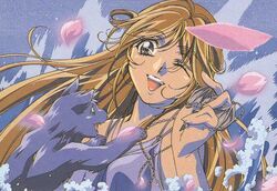  artist_request blonde_hair cleo_everlastin female leki long_hair majutsushi_orphen one_eye_closed open_mouth petals scan 