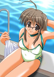  ahoge breasts brown_eyes brown_hair casual_one-piece_swimsuit cleavage comic_party female glasses huge_breasts imageboard_desourced jpeg_artifacts long_hair makimura_minami non-web_source one-piece_swimsuit pool pool_ladder poolside sitting solo swimsuit water 