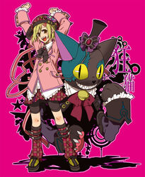  bike_shorts blazer blonde_hair brown_eyes cathead commentary_request feline female frills hair_ornament hairclip happy hat jacket leg_warmers original plaid ribbon sena_(mineruba) short_hair skirt slit_pupils smile 