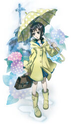  bad_id bad_pixiv_id black_hair boots briefcase brown_eyes female flower hydrangea kaga_ai mole mole_under_eye polka_dot polka_dot_umbrella rain raincoat sayonara_zetsubou_sensei school_briefcase sena_(mineruba) solo umbrella utility_pole yellow_raincoat 