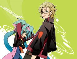  1boy blonde_hair blue_hair commentary_request female glasses green_eyes headband jacket klan_klein macross macross_frontier mikhail_buran pointy_ears sena_(mineruba) twintails 