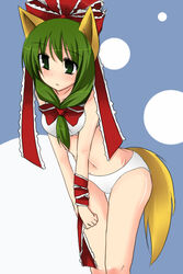  animal_ears arm_ribbon bikini bow commentary_request female fox_ears front_ponytail green_hair hair_ribbon hairbow kagiyama_hina kemonomimi_mode long_hair morino_harifu ribbon solo swimsuit tail touhou white_bikini 