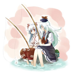  3girls bad_link fishing fujiwara_no_mokou kamishirasawa_keine kawashiro_nitori kiji_(manekinuko-tei) multiple_girls sitting soaking_feet touhou water 