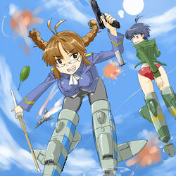  2girls aircraft airplane akizuki_ritsuko antenna_hair ass black_hair blue_eyes braid brown_eyes brown_hair cif cloud commentary_request cosplay day dual_wielding explosion flying glasses gun handgun holding idolmaster idolmaster_(classic) idolmaster_1 kikuchi_makoto looking_back magazine_(weapon) magazine_ejection minna-dietlinde_wilcke minna-dietlinde_wilcke_(cosplay) multiple_girls no_pants panties panties_under_pantyhose pantyhose parachute parody perrine_h._clostermann perrine_h._clostermann_(cosplay) shibashi sky strike_witches striker_unit sun tokarev_tt-33 twin_braids underwear uniform weapon world_witches_series 