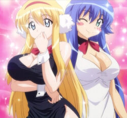  2girls anime_screenshot blonde_hair blue_eyes blue_hair bow bowtie breasts cleavage green_eyes huge_breasts long_hair multiple_girls one_eye_closed stitched sylpheed third-party_edit tiffania_westwood wrist_cuffs zero_no_tsukaima 