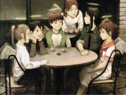  6+girls abe_yoshitoshi angel angel_wings chair cigarette cup feathered_wings haibane_renmei halo head_rest hikari_(haibane) imageboard_desourced kana_(haibane) kuu_(haibane) multiple_girls nemu_(haibane) non-web_source raglan_sleeves rakka_(haibane) reki_(haibane) school_uniform serafuku sleeves_rolled_up table tea tray wings 