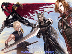  4boys armor black_hair blonde_hair cape clawed_gauntlets claws cloak cloud_strife commentary commission crisis_core_final_fantasy_vii dirge_of_cerberus_final_fantasy_vii dual_wielding english_commentary final_fantasy final_fantasy_vii final_fantasy_vii_advent_children fusion_swords genesis_rhapsodos gloves green_eyes grey_hair gun headband holding long_hair male_focus minh_do multiple_boys open_mouth orange_hair photoshop_(medium) realistic red_eyes sephiroth sword vincent_valentine weapon 