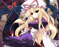  1boy bad_id bad_pixiv_id blonde_hair evil_grin evil_smile female gap_(touhou) grin gundam gym_ghingnham hat inagata long_hair parody ribbon smile touhou turn_a_gundam yakumo_yukari 