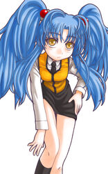  black_skirt blue_hair commentary_request ebi_tendon female formal highres hoshino_ruri kidou_senkan_nadesico legs_up long_sleeves looking_at_viewer pencil_skirt photoshop_(medium) simple_background skirt solo standing standing_on_one_leg suit twintails unfinished vest white_background yellow_eyes 