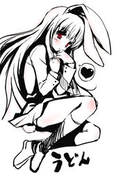  animal_ears female fetal_position full_body heart long_hair monochrome r-type_nirvana rabbit_ears rabbit_girl rabbit_tail red_eyes reisen_udongein_inaba skirt solo souryuu_(double_dragon) spoken_heart spot_color tail touhou 