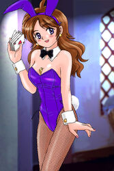  animal_ears between_breasts breasts brown_hair card copyright_request female fishnet_pantyhose fishnets holding holding_card kitazaki_mayuki lighter marison_(aono107) open_mouth pantyhose playboy_bunny purple_eyes rabbit_ears smile solo 