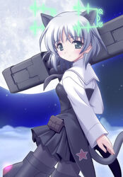  animal_ears bad_id bad_pixiv_id black_pantyhose cat_ears cat_girl cat_tail female fliegerhammer flying green_eyes grey_hair grey_tail hirschgeweih_antennas holding holding_weapon moon multishot_rocket_launcher necktie night night_sky pantyhose rocket_launcher sanya_v._litvyak shiumai short_hair skirt sky solo strike_witches striker_unit tail weapon world_witches_series 