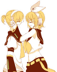  1boy akieru_nomaki bad_id bad_pixiv_id blonde_hair brother_and_sister closed_eyes female headphones kagamine_len kagamine_rin photoshop_(medium) siblings twins vocaloid 