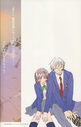  1boy artbook blush brown_hair cardigan chise_(saishuu_heiki_kanojo) closed_eyes couple female glasses hair_ornament hairclip highres necktie photoshop_(medium) sad saishuu_heiki_kanojo scan school_uniform short_hair shuuji_(saishuu_heiki_kanojo) sitting skirt smile socks straight takahashi_shin translated white_hair 