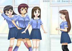  4girls azumanga_daioh&#039;s_school_uniform azumanga_daiou blue_serafuku blue_shirt bonklers brown_eyes brown_hair kagura_(azumanga_daioh) kasuga_ayumu long_hair mizuhara_koyomi multiple_girls sasaji school_uniform serafuku shirt short_hair summer_uniform sweat takino_tomo thighhighs 