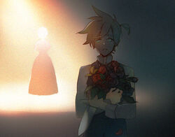  1boy aku_no_meshitsukai_(vocaloid) blonde_hair brother_and_sister commentary female flower formal kagamine_len kagamine_rin knife luo_zi male_focus photoshop_(medium) red_flower red_rose rose siblings silhouette solo_focus suit twins vocaloid 