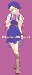  akieru_nomaki beret blonde_hair blue_eyes boots commentary_request dress female hat highres long_hair macross macross_frontier photoshop_(medium) sheryl_nome smile solo 