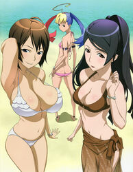  3girls absurdres ahoge ass beach bikini breasts brown_sarong butt_crack day highres huge_breasts large_breasts legs lips lowleg maria_(witchblade) multicolored_hair multiple_girls ocean photoshop_(medium) pink_bikini ponytail print_sarong sarong soho_reina swimsuit tsuzuki_shiori twintails uno_makoto white_bikini witchblade 