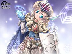  armor blonde_hair blue_eyes breastplate cape crusader_(ragnarok_online) female gauntlets gradient_eyes green_eyes ishihara_masumi multicolored_eyes ragnarok_online shield short_hair smile snow solo visor_(armor) 