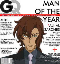  1boy ali_al-saachez artist_request cover english_text fake_magazine_cover formal gundam gundam_00 magazine_cover male_focus necktie parody solo suit 