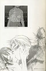  1boy artbook bandana blush chise_(saishuu_heiki_kanojo) closed_eyes couple female greyscale hair_ornament hairclip highres kissing lingerie monochrome photoshop_(medium) sad saishuu_heiki_kanojo scan school_uniform short_hair shuuji_(saishuu_heiki_kanojo) straight takahashi_shin torn_clothes underwear wings 