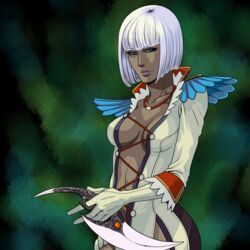  aqua_eyes blunt_bangs breasts cross-laced_clothes dark-skinned_female dark_skin devil_may_cry_(series) devil_may_cry_4 female gloria_(devil_may_cry) gloves holding lips lipstick looking_at_viewer makeup medium_breasts purple_lips ryouko_(ddism) short_hair solo standing white_gloves white_hair 