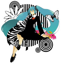  blue_hair closed_eyes commentary dress female flower hatsune_miku long_hair luo_zi necktie photoshop_(medium) saihate_(vocaloid) solo twintails vocaloid zebra 