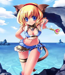  adventurer_(ff11) animal_ears bikini blonde_hair blue_eyes cat_ears cat_girl cat_tail commentary_request day female final_fantasy final_fantasy_xi mithra_(ff11) ocean solo swimsuit tail tankini thigh_strap uni_(uniuni5) wand 