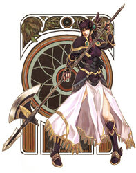  armor armored_dress black_armor black_hair boots brown_eyes commentary_request dress feathers female halberd helmet hrist_valkyrie long_hair polearm smile solo totteri valkyrie_profile_(series) weapon 