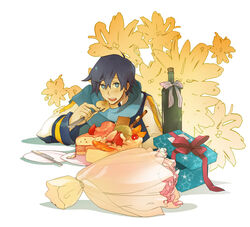  1boy blue_hair bottle cake commentary_request eating flower food gift kaito_(vocaloid) luo_zi male_focus pastry photoshop_(medium) solo vocaloid 