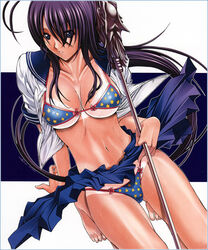  bikini_tan blue_bra blue_eyes bra breasts female ikkitousen ikkitousen_dragon_destiny kan&#039;u_unchou kino_hitoshi lingerie long_hair medium_breasts open_clothes open_shirt panties photoshop_(medium) print_bra print_panties purple_hair shirt solo star_(symbol) star_print tan tanlines underwear 