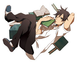  1boy black_hair book commentary_request kudou_jun male_focus one_eye_closed sayonara_zetsubou_sensei school_uniform sena_(mineruba) shoes solo 