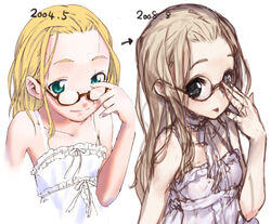  2girls adjusting_eyewear bad_id bad_pixiv_id blonde_hair comparison copyright_request flat_chest forehead glasses green_eyes hands long_hair multiple_girls photoshop_(medium) sketch smile unaji 