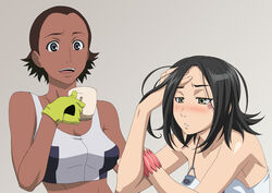  2girls black_hair blue_eyes blush bracelet brown_hair cup dark-skinned_female dark_skin eureka_seven eureka_seven_(series) gloves green_eyes hilda_(eureka_seven) isse jewelry multiple_girls talho_yuuki tattoo teacup 