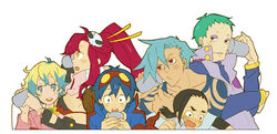  2girls 4boys bikini bikini_top_only blonde_hair blue_eyes blue_hair boota_(ttgl) brown_hair commentary earrings fingerless_gloves gloves goggles goggles_on_head green_hair hair_ornament hitting jewelry kamina_(ttgl) leeron_littner luo_zi mole mole_under_eye multicolored_hair multiple_boys multiple_girls nia_teppelin photoshop_(medium) ponytail pushing red_eyes red_hair rossiu_adai scarf short_hair sidelocks simon_(ttgl) simple_background string_phone swimsuit symbol-shaped_pupils talking tattoo tengen_toppa_gurren_lagann yoko_littner 