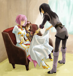  1boy 2girls blanket boots brown_hair couch covering_with_blanket estellise_sidos_heurassein goggles grey_footwear kiri_nada knee_boots long_hair multiple_girls pink_hair rita_mordio short_hair sleeping tales_of_(series) tales_of_vesperia yuri_lowell 