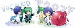  2boys 2girls bad_id bad_pixiv_id blue_eyes blue_hair blue_scarf chibi copyright_name crossover green_hair hatsune_miku kaito_(vocaloid) long_hair macross macross_frontier microphone multiple_boys multiple_girls necktie okran ranka_lee red_eyes saotome_alto scarf school_uniform short_hair skirt spring_onion tears twintails vocaloid yellow_scarf 