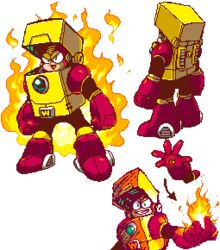  1boy :d ariga_hitoshi bodysuit fire from_behind from_side full_body heat_man lowres male_focus mega_man_(classic) mega_man_(series) mega_man_2 mega_man_megamix multiple_views oekaki open_mouth smile standing transparent_background 