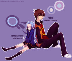  1boy akieru_nomaki blue_hair brown_hair female ii-chan kunagisa_tomo photoshop_(medium) socks sweater zaregoto_series 