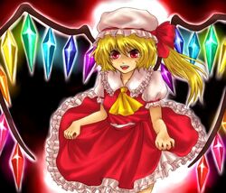  ascot bad_id bad_pixiv_id blonde_hair collared_shirt crystal female flandre_scarlet frilled_shirt_collar frills hat looking_at_viewer looking_back mita_(matsuri68) mob_cap puffy_short_sleeves puffy_sleeves red_eyes red_skirt shirt short_sleeves skirt solo touhou vest 