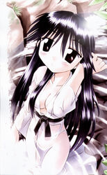  arm_up black_hair blush breasts brown_eyes cleavage collarbone cropped_legs female from_above fujishiro_takeshi highres japanese_clothes kimono leaf long_hair looking_at_viewer machi_(nagasarete_airantou) medium_breasts moss nagasarete_airantou naked_kimono no_bra no_panties non-web_source official_art open_clothes photoshop_(medium) rock scan see-through sidelocks solo standing tucking_hair very_long_hair wading water wet wet_clothes wet_kimono white_kimono 