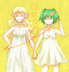  2girls blonde_hair commentary_request dress earrings flower green_hair heart holding_hands interlocked_fingers jewelry long_hair macross macross_frontier multiple_girls ranka_lee sheryl_nome short_hair smile twintails yoshi_92 