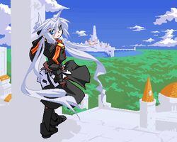  armor blue_eyes castle cloud day female forest gauntlets long_hair lowres mof mof&#039;s_silver_haired_twintailed_girl nature oekaki original outdoors silver_hair sky solo standing twintails 