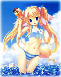  2girls absurdres ball bikini blonde_hair blue_eyes chibi cloud day doumyouji_sakura food fue_(tsuzuku) highres holding ice_cream kino_kyouka long_hair multiple_girls navel photoshop_(medium) ribbon sparkle striped_bikini striped_clothes swimsuit tankini thigh_gap twintails volume7 water 